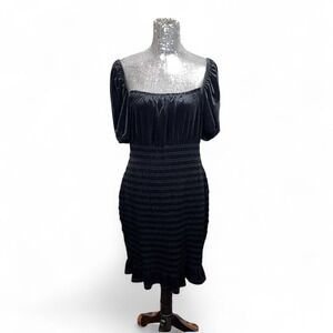 Y2K Whimsigoth Black Velvet Puff Sleeve Smocked Midi Dress XL Ruffle Hem Evening